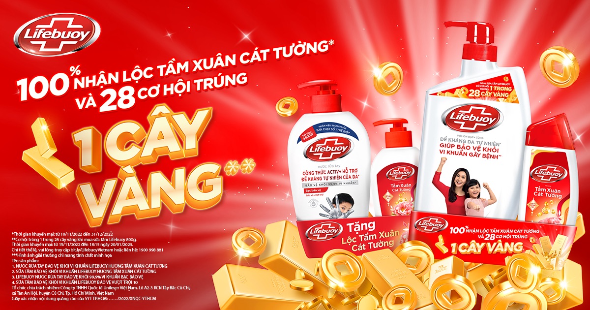 Lifebuoy Việt Nam lần đầu mang lộc Tầm Xuân Cát Tường cùng cơ hội trúng 1 trong 28 cây vàng đến với người tiêu dùng trong dịp Tết Quý Mão 2023